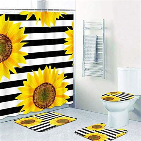 Artsocket 4 Pcs Shower Curtain Set Sunflowers Striped Black White