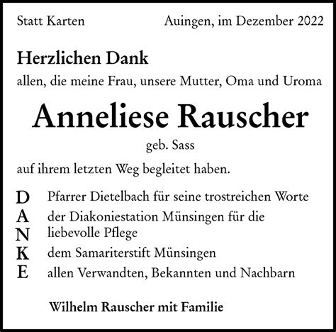 Traueranzeigen Von Anneliese Rauscher S Dwest Presse Trauer