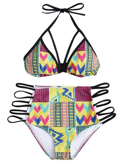 Banded Geometric Pattern High Waisted Bikini COLORMIX