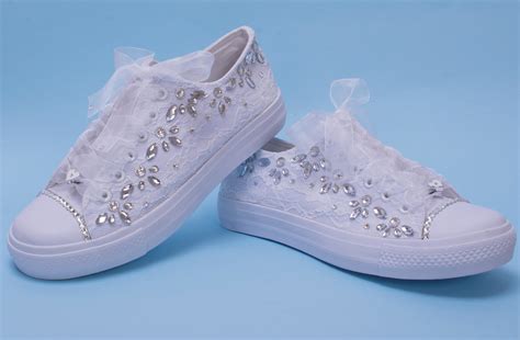 Bling Sneakers For Bride White Lace Wedding Trainers With Crystals