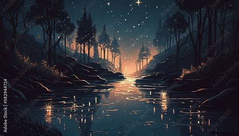 River illustration at night Stock Illustration | Adobe Stock