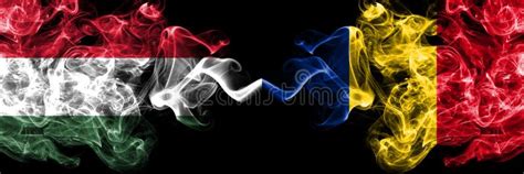 Hungary Hungarian Vs Romania Romanian Smoky Flags Side By Side Stock