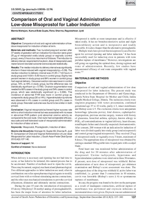 Pdf Comparison Of Oral And Vaginal Administration Of Low Dose Misoprostol For Labor Induction