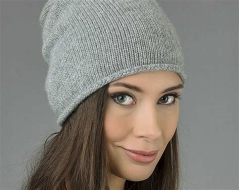 Pure Cashmere Plain Knitted Slouchy Beanie Hat In Light Grey Etsy