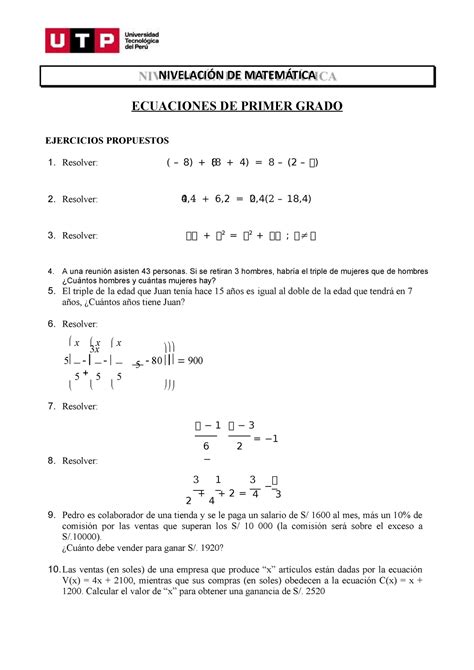 S S Resolver Ejercicios Nivelaci N De Matem Tica Ecuaciones De