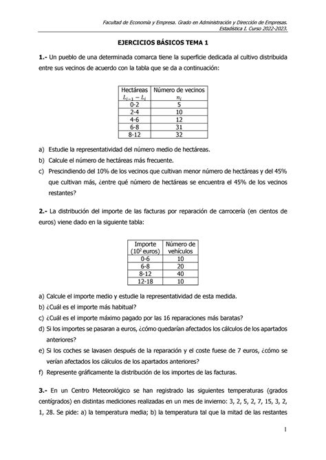 Ejercicios tema 1 22 23 Estadística I Curso 2022 2023 EJERCICIOS