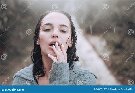 Sensual Woman Standing Under The Rain Screaming And Enjoying Portrait