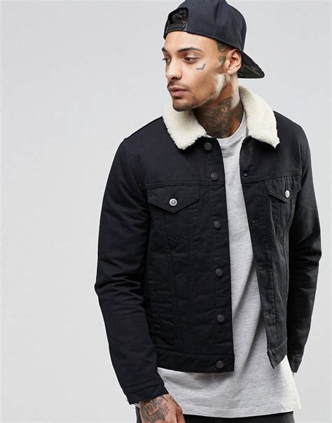 Asos Denim Jacket With Faux Shearling Collar In Black At Denim Jacket Asos Denim