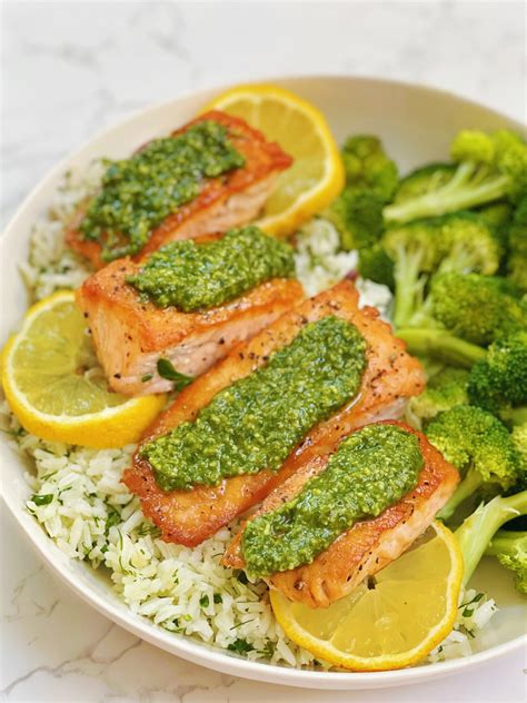 Seared Lemon Salmon With Basil Pesto And Herbed Rice Dinner Reinvented