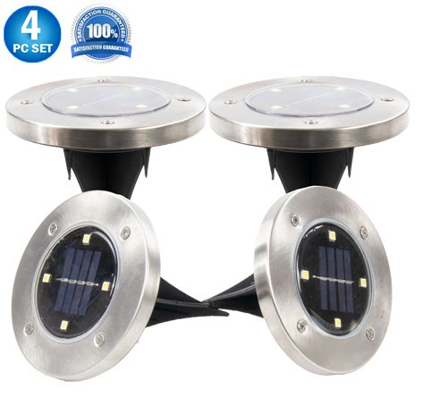 Solar Powered Disk Path Ground Lights 4 Bright Leds Flush Flat Outdoor Indoor Waterproof