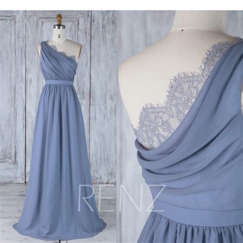 Bridesmaid Dress Steel Blue Chiffon Wedding Dress Lace Splice Neck Maxi