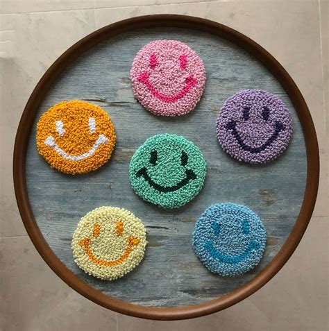 Smiley Face Punch Needle Coasters Smiley Face Coasters Handmade Rug Coaster Handmade Mug Rug