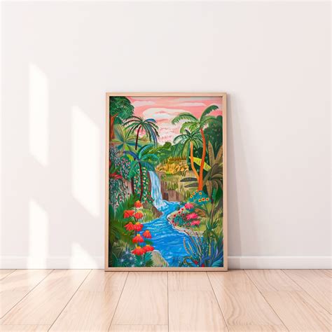 Tropical Jungle Waterfall Painting Colorful Scenery Wall Art Summer ...