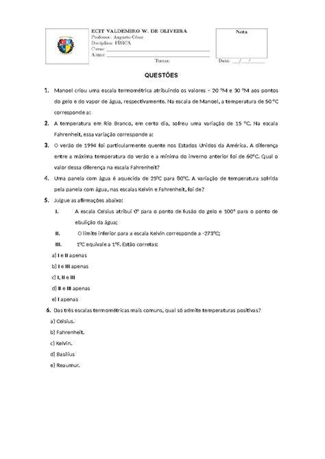 AVS - Física 2º ANO A - Questões sobre Escalas Termométricas - Studocu