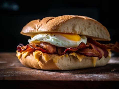 Premium AI Image | A bacon and egg sandwich with a side of egg on a bun.