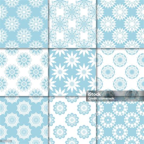 Blue And White Floral Ornaments Collection Of Seamless Patterns Stock