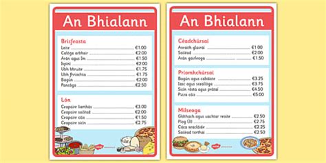 An Bhialann The Restaurant Role Play Menus Irish Gaeilge