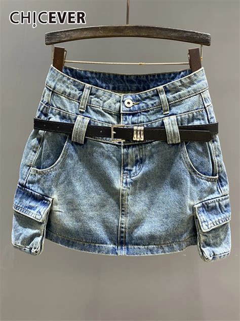 CHICEVER Patchwork Belt Denim Skirts For Women High Waist Spliced