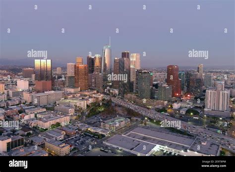 An aerial view of the downtown Los Angeles skyline, Friday, Feb. 5, 2021 Stock Photo - Alamy