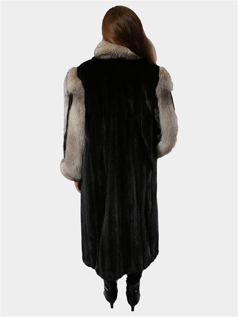 Ranch Mink Fur Coat W Indigo Fox Tuxedo Trim Estate Furs