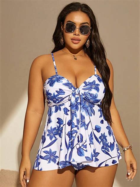 Shein Swim Bohofeel Plus Floral Print Knot Front Bikini Swimsuit