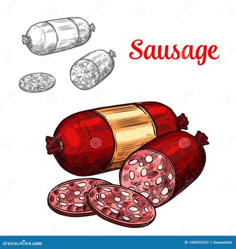 Pork Meat Sausage Isolated Sketch Of Sliced Salami Stock Vector