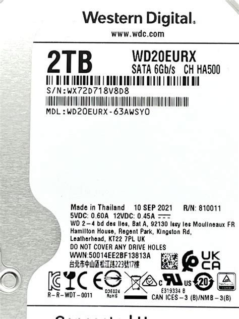 2TB WD20EURX 【使用時間 5h】 Western Digital 3 5インチ 内蔵 HDD WD 新品同様｜PayPayフリマ