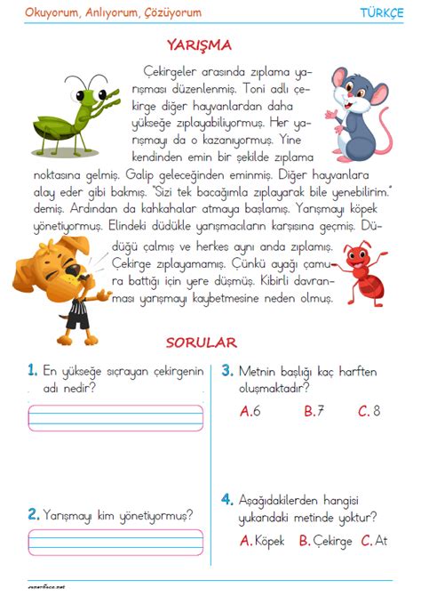 1 Sınıf Okuma Anlama Metni 27 Yarışma Pdf Sayfaları