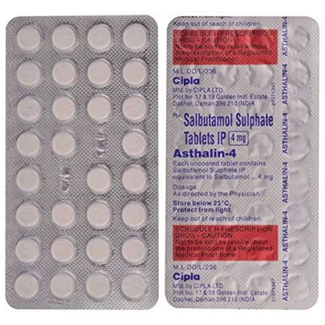 Salbutamol 4mg Asthalin 4 Tablet Cipla Ltd 30 Tablets In 1 Strip At