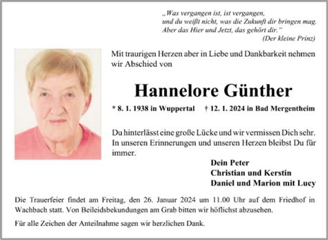 Traueranzeigen von Hannelore Günther Trauerportal Ihrer Tageszeitung