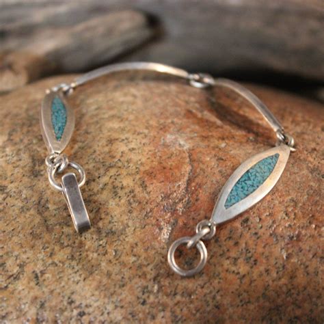 Silver Turquoise Bracelet Heavy Vintage Sterling Silver Link Bracelet