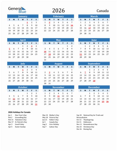 2026 Printable Calendar With Canada Holidays