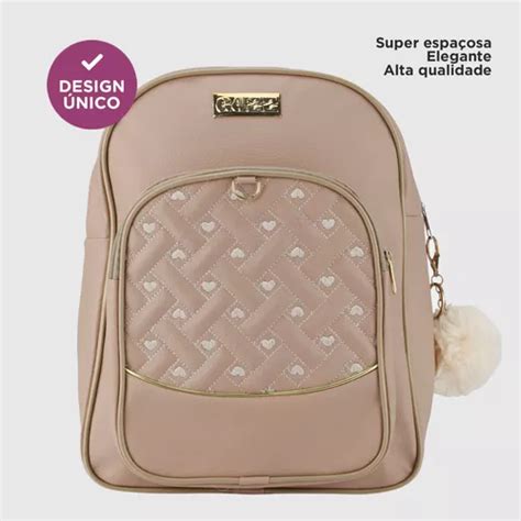 Mochila Feminina Universitária Couro Média Escolar Barata Cor Nude Desenho Do Tecido Coração