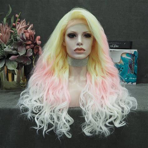 Sylph Yellow Pink Ombre Noctilucent Long Curly Synthetic Lace Front Wi Imstylewigs