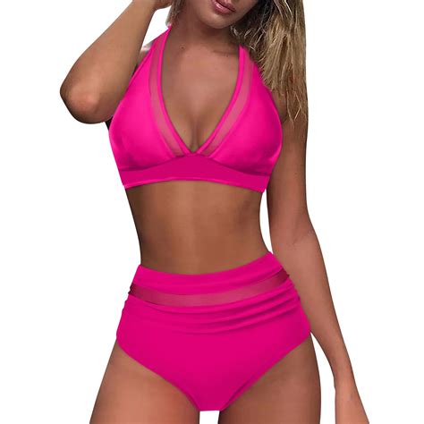 Ykohkofe Two Piece Swimsuit For Women Halter Tie V Neck Mesh Bikini Set