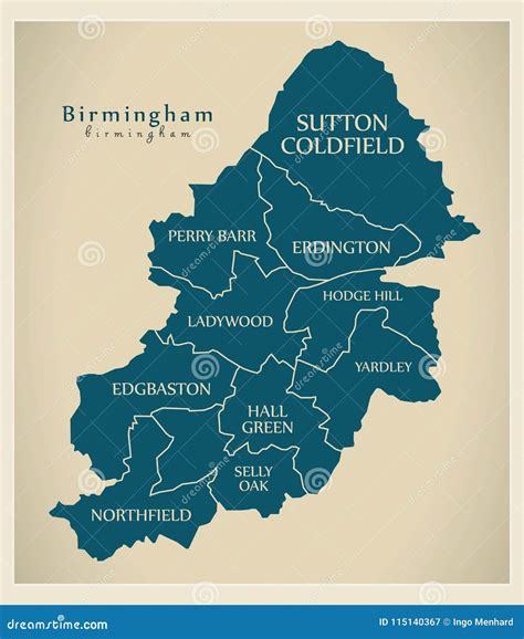 Modern City Map - Birmingham City of England with Boroughs and T Stock