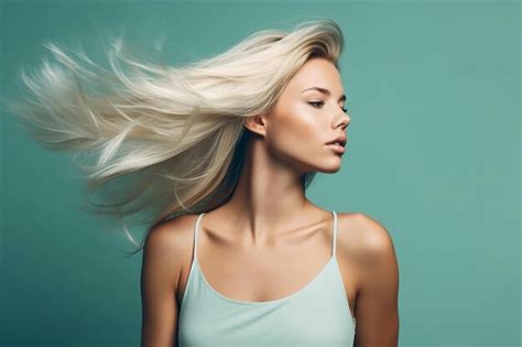 Premium AI Image Svelte Blonde Allure Hypnotic Gaze On Minty Background Fusion Of Elegance And