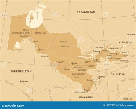 Mapa De Usbequistão Ilustração Detalhada Do Vetor Do Vintage