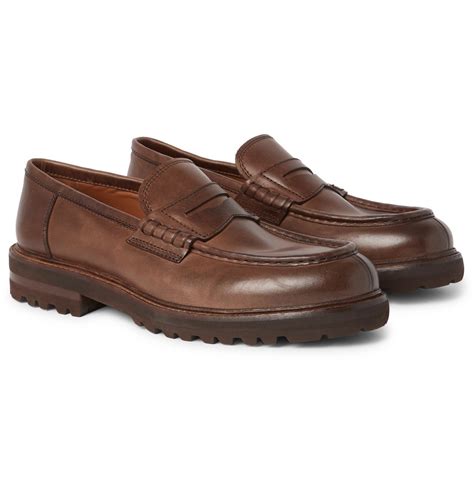 Brunello Cucinelli Burnished Leather Penny Loafers Brown Brunello