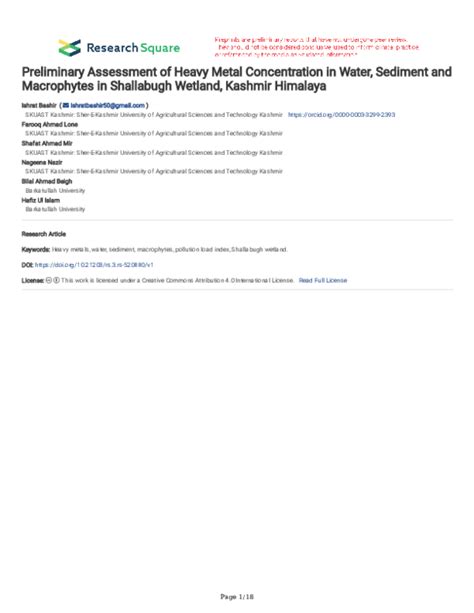 Pdf Preliminary Assessment Of Heavy Metal Concentration In Water