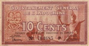 Banknote 10 Cents French Indochina 1939 ND Issue Wor P 85a