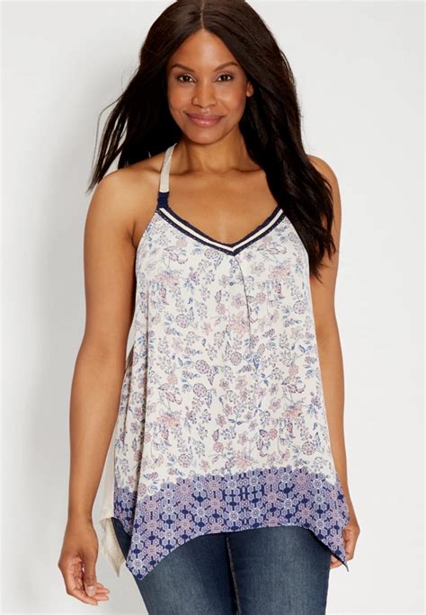 Plus Size Floral Print Chiffon Front Tank With Crocheted Racerback