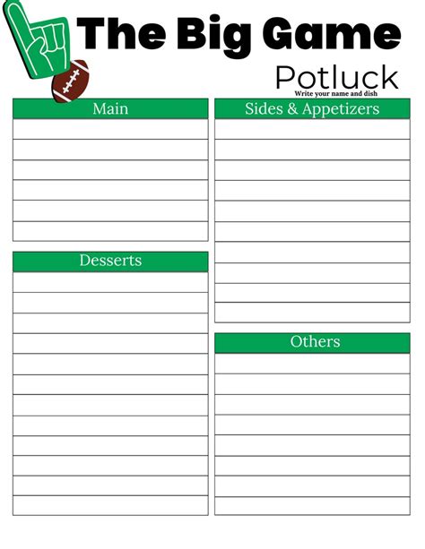 Potluck Sign Up Sheet The Big Game Potluck Sign Up Sheet Football