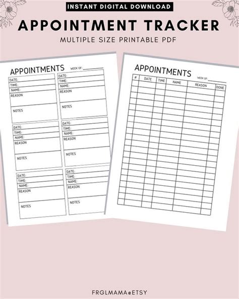 Appointment Tracker Printable Appointment Reminder Meeting Etsy