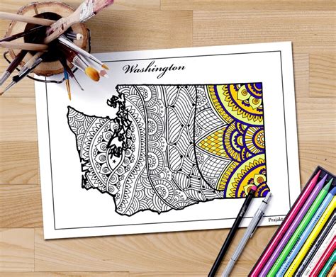 Adult Coloring Page Washington State Map Usa States Coloring Etsy