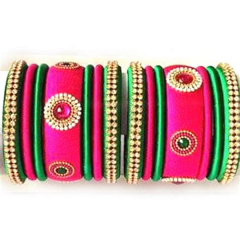 Pink And Green Combination Silk Thread Bangles Set Thread Bangles