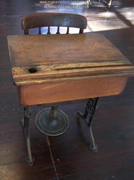 Antique Wooden School Desk With Inkwell - Antique Poster