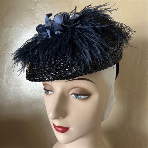 Sultry 1930s Black Straw Tilt Hat Ostrich Feather Gem