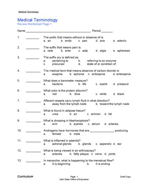 Medical Terminology Practice Test Multiple Choice Questions