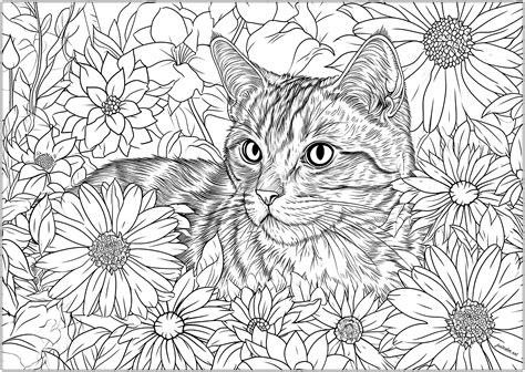 Um Gato Bonito E Realista Muitas Flores Para Colorir Gatos